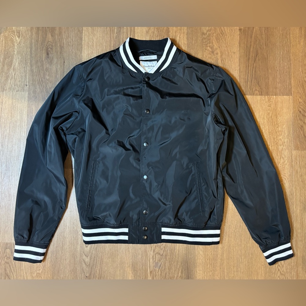 Goodfellow & Co Mens L Black Varsity Bomber Jacket White Striped Ribbing